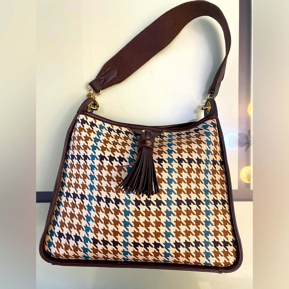 Spartina 449 Daufuski Island Linen Leather Houndstooth Shoulder HandBag Purse